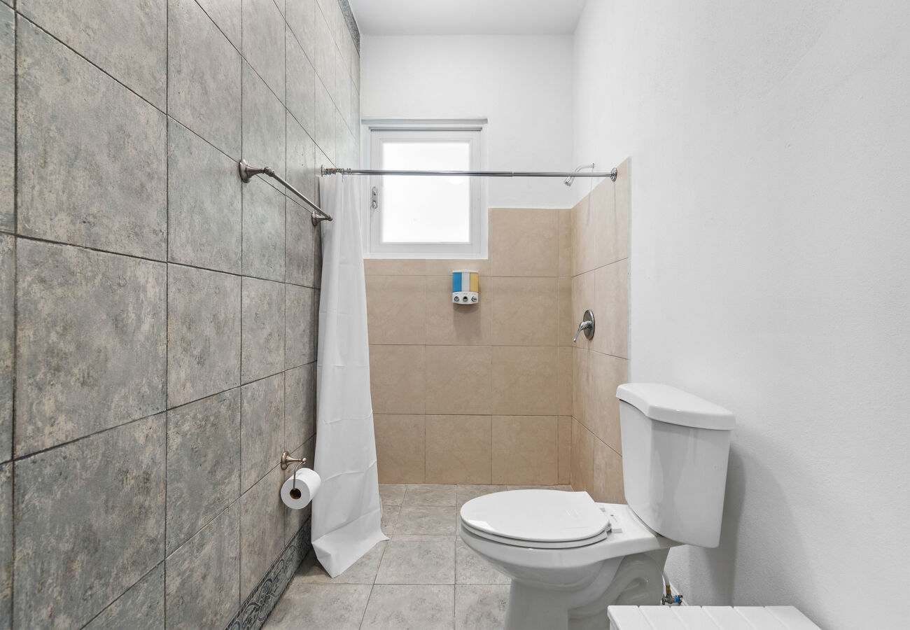 Full bathroom with walk-in shower & bath amenities