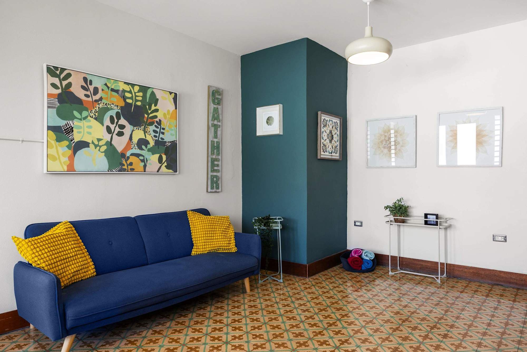 Living room with colorful art