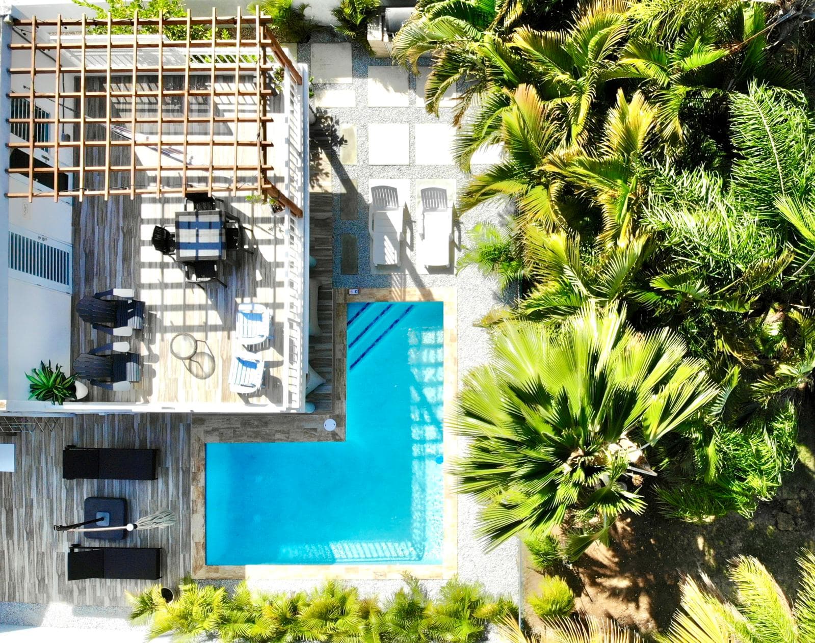Aerial view of the private pool and pergola deck
