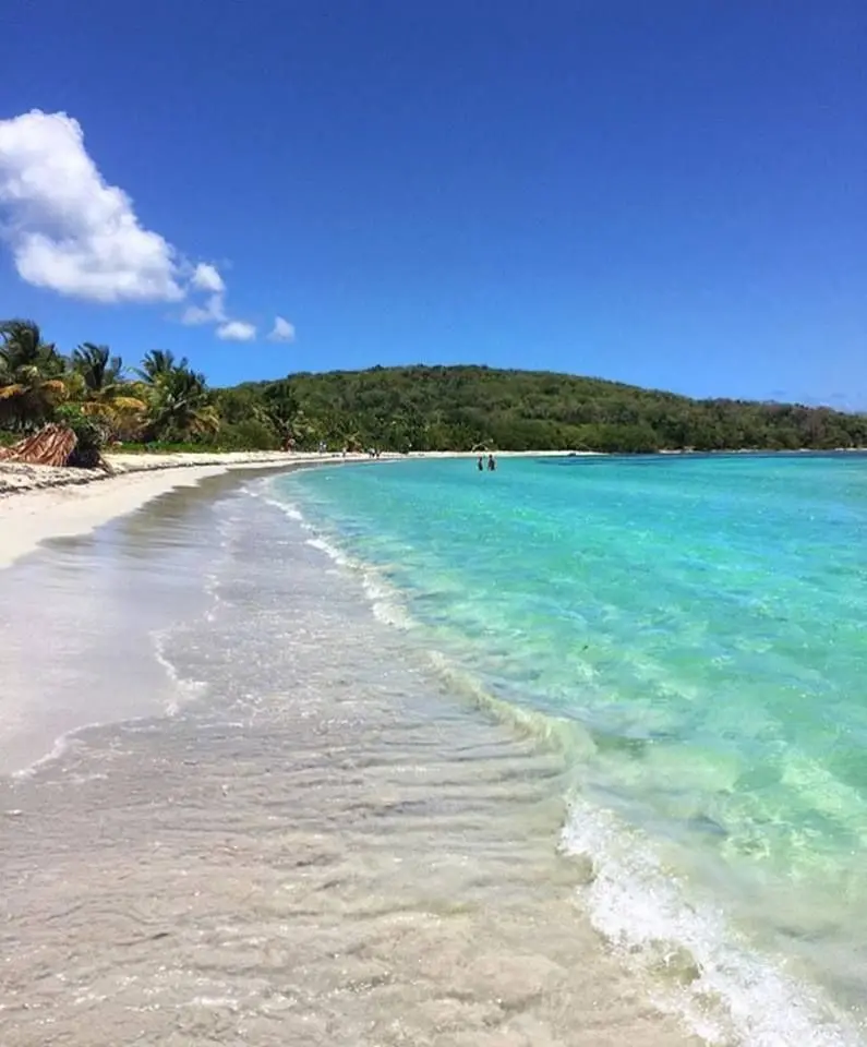The clear, blue waters of Flamenco Beach are calm and inviting for swimming and wading, complemented by a vast expanse of white sand ideal for sunbathing and leisurely walks.