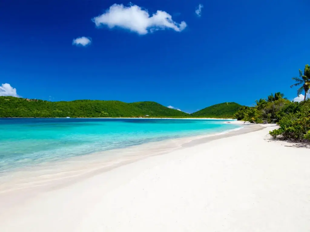 A stunning tropical beach with white sand, turquoise waters, and a clear blue sky.