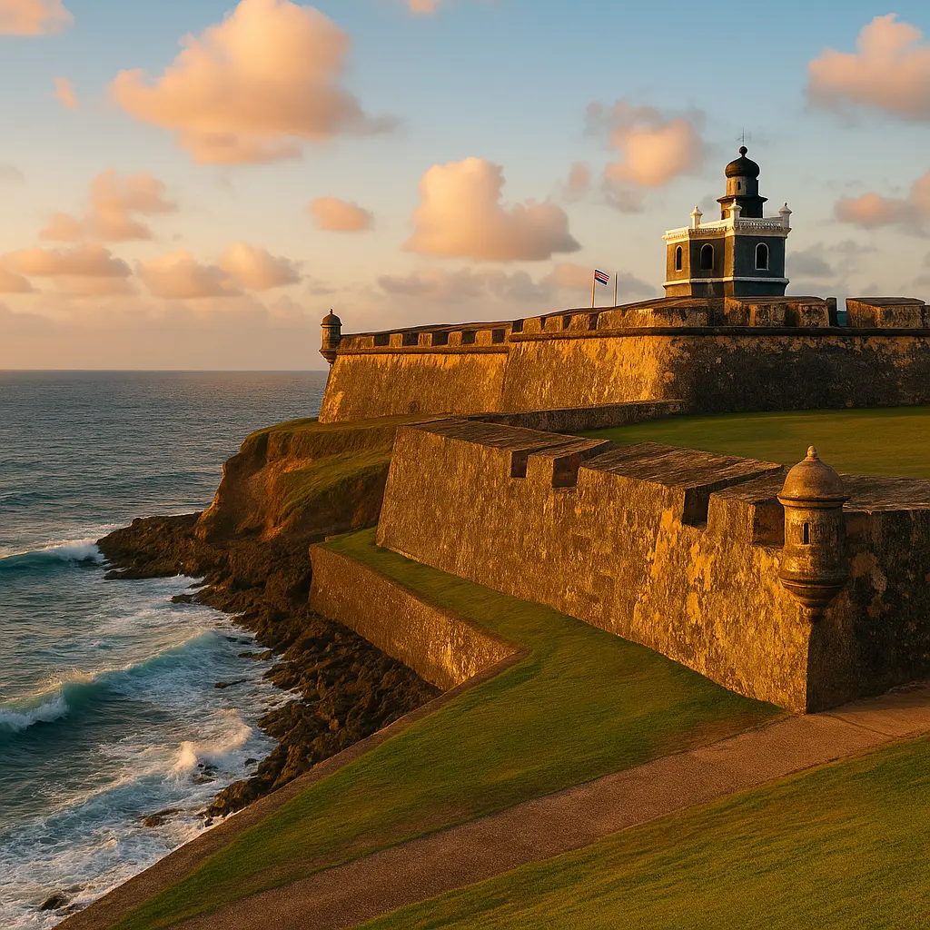 La fortaleza de El Morro en el Viejo San Juan al atardecer con olas del Atlántico. La mejor atracción de San Juan, Puerto Rico