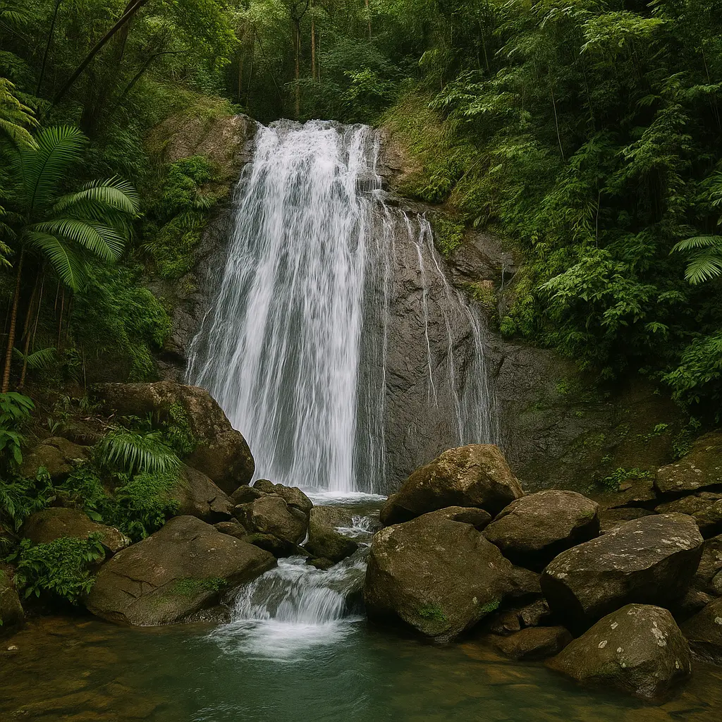 Cascada rodeada de vegetación tropical en El Yunque National Forest. La mejor atracción de Puerto Rico